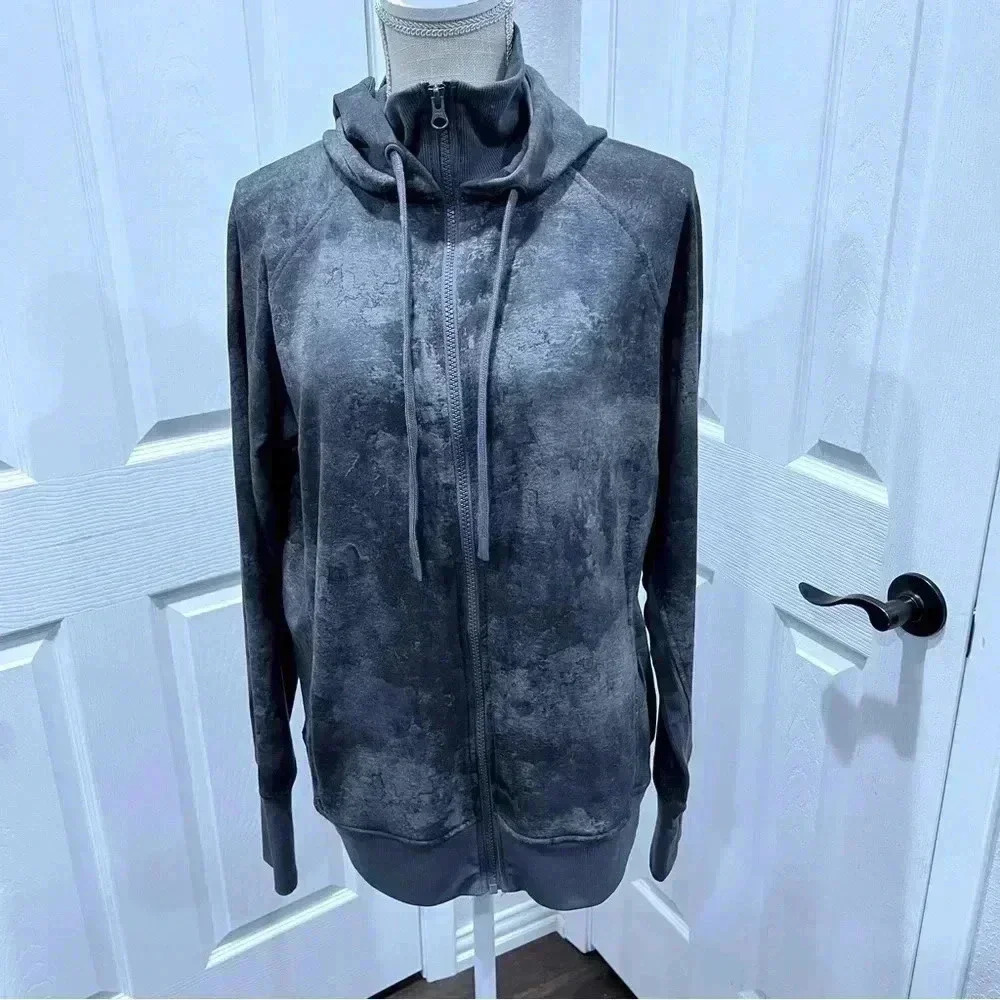 Danskin zip front hooded tie dye grays jacket, extra warm neck layer, thumbholes